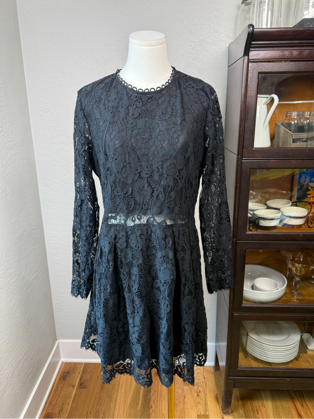 Eilly Bazar Black Floral Lace Long Sleeve Fit Flare Mini Dress Size XL